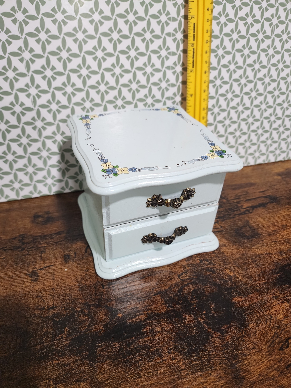 Vintage Light Blue Floral-Accent Two-Drawer Jewelry Box
